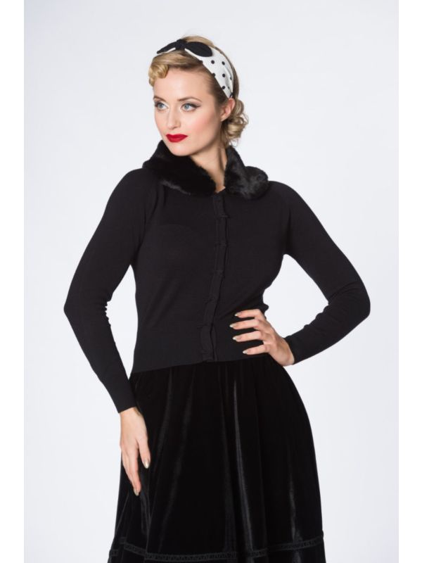 Banned Retro 1950's Bow Dreaming Faux Fur Detachable Collar Vintage Anita Cardigan Black