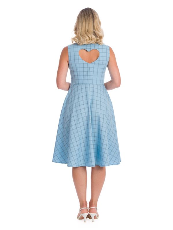 Banned Retro 1950's Love Story Grid Check Heart Cut Out Vintage Fit & Flare Dress Blue