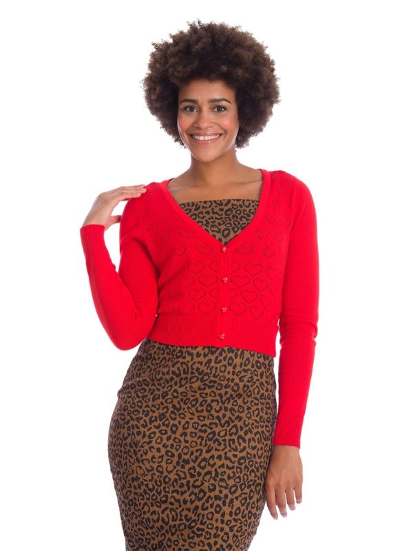 Banned Retro 60's Love Dream Heart Cropped Perforated Vintage Cardigan Red