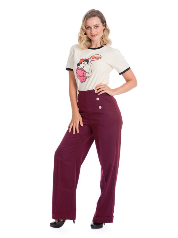 Banned Retro 1950's Adventures Ahead Button Vintage Elizabeth Wide Leg Trouser Burgundy