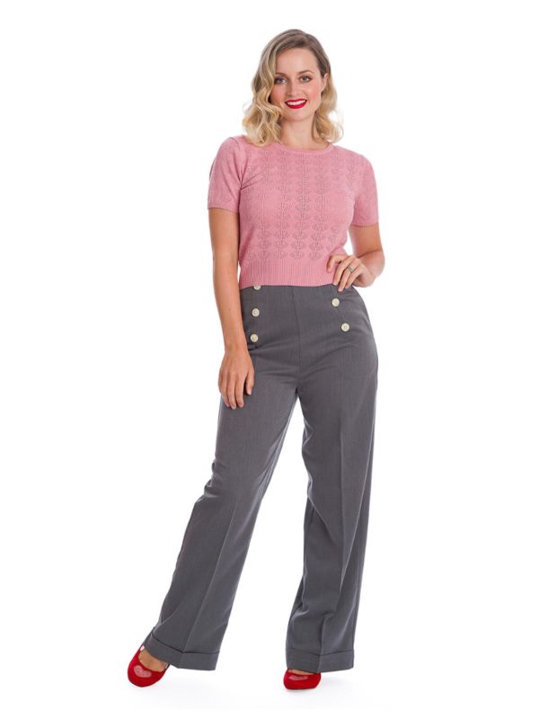 Banned Retro 1950's Adventures Ahead Button Vintage Elizabeth Wide Leg Trouser Grey