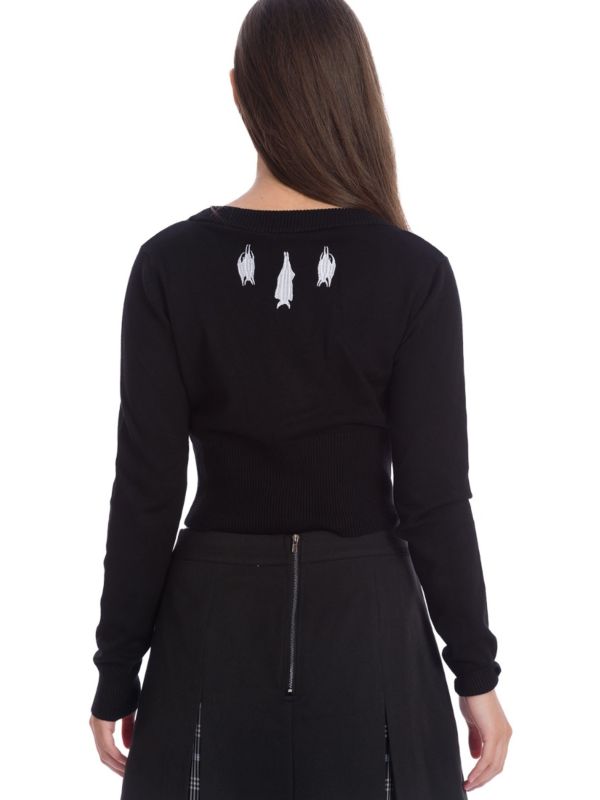 Banned Alternative Bat Lady Embroidered V-Neck Crop Cardigan Black