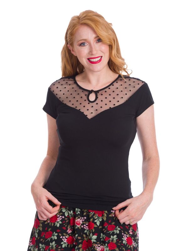 Banned Retro 1950s Smoulder Keyhole Polka Dot Mesh Net Vintage Top Black