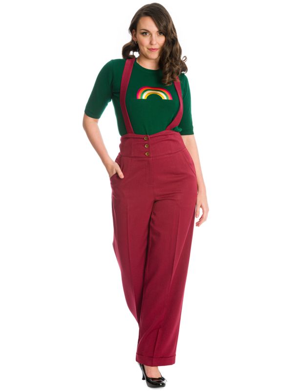 Banned retro 1940s Her favourite trouser High waisted with pockets and detachable suspenders-Burgundy