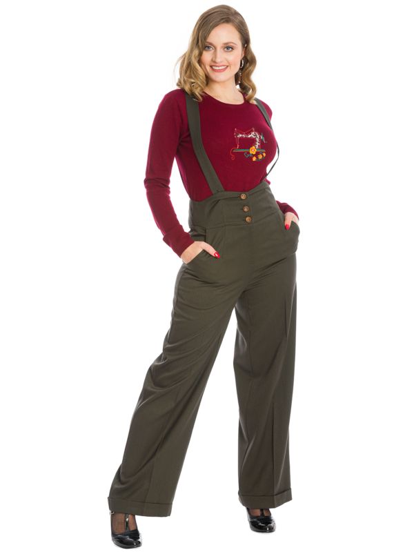 Banned retro 1940s Her favourite trouser High waisted with pockets and detachable suspenders-Green