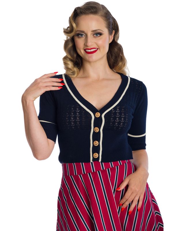 Banned Retro Nautical Boat Club Kitty Cardigan Navy