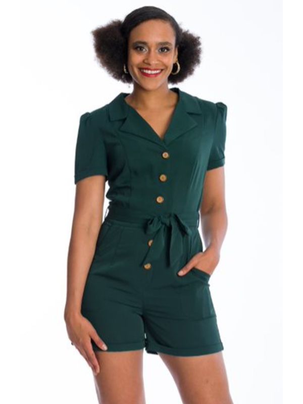 Banned Retro Women Rule Short Collar Playsuit Green