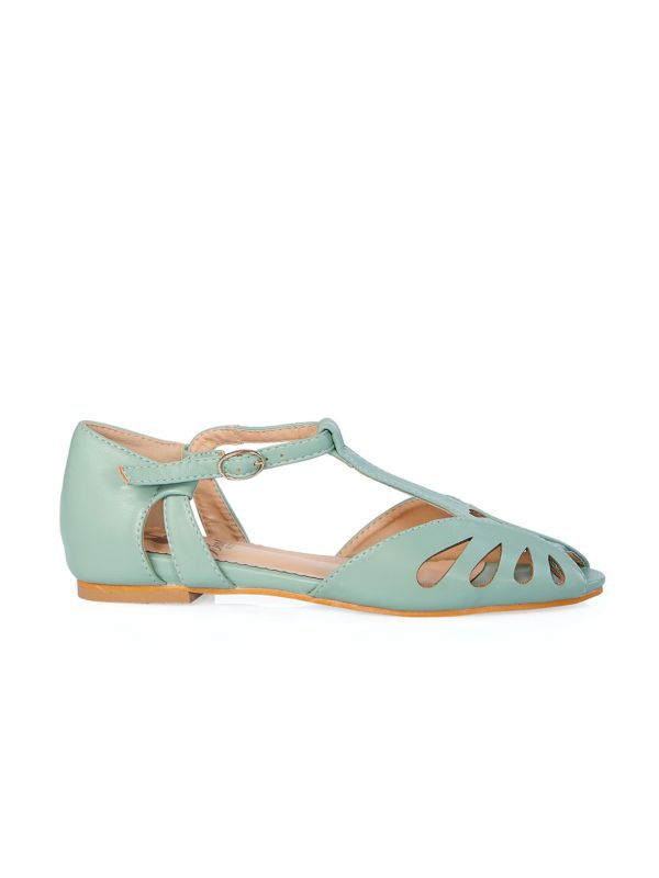 BANNED Retro Secret Love Dapper Sandals Vintage T-Bar Flats With Cut-Out Hearts In Vegan Faux Leather-Mint