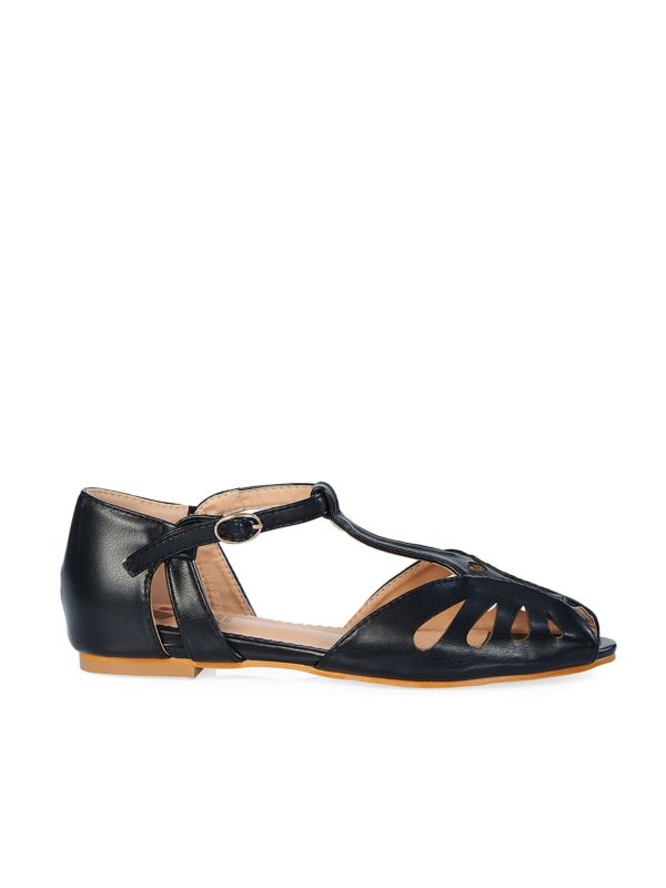 BANNED Retro Secret Love Dapper Sandals Vintage T-Bar Flats With Cut-Out Hearts In Vegan Faux Leather-Black