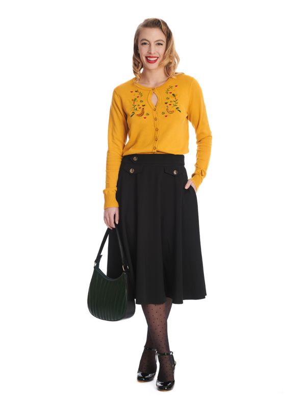 Banned Retro Book Club Swing Skirt with Button and faux flap pocket details-Black