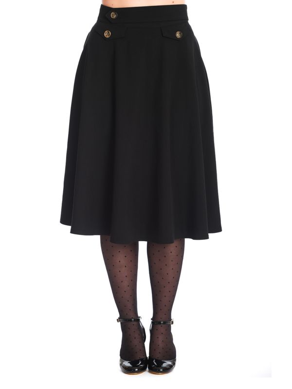Banned Retro Book Club Swing Skirt with Button and faux flap pocket details-Black