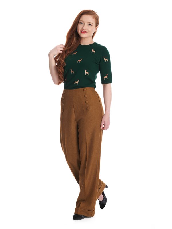 1950's Banned Ruby Sweet Deer Jumper - Vintage Style Reindeer Pattern Knit Sweater-Green