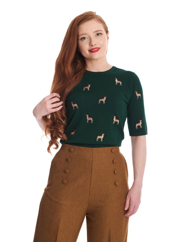 1950's Banned Ruby Sweet Deer Jumper - Vintage Style Reindeer Pattern Knit Sweater-Green