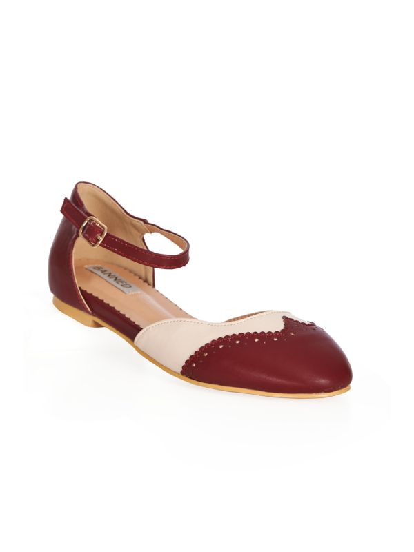 BANNED Retro Dapper Dancemates Flats Retro Two-Tone Brogue Sandals With Hidden Wedge & Ankle Strap-Burgundy