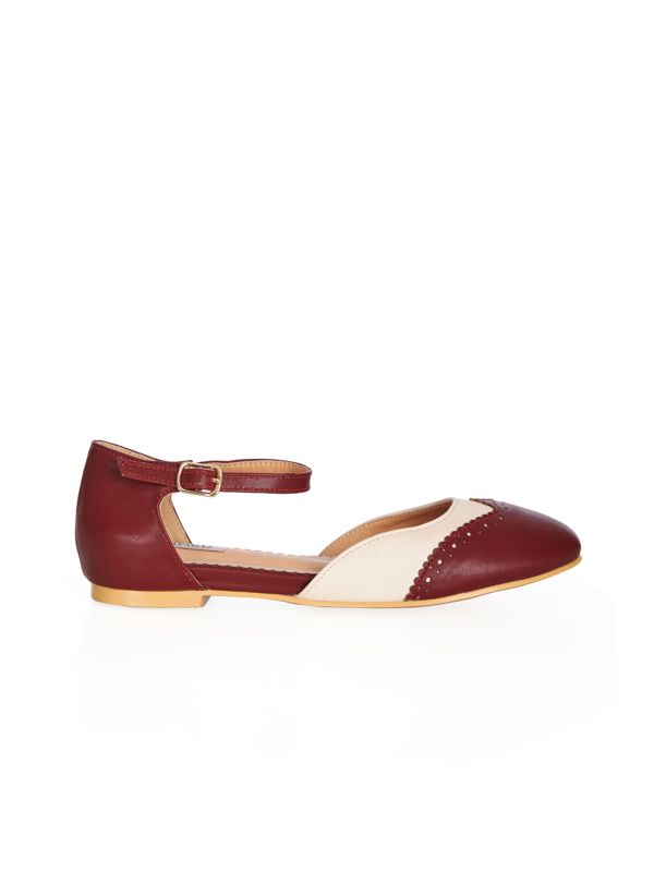 BANNED Retro Dapper Dancemates Flats Retro Two-Tone Brogue Sandals With Hidden Wedge & Ankle Strap-Burgundy