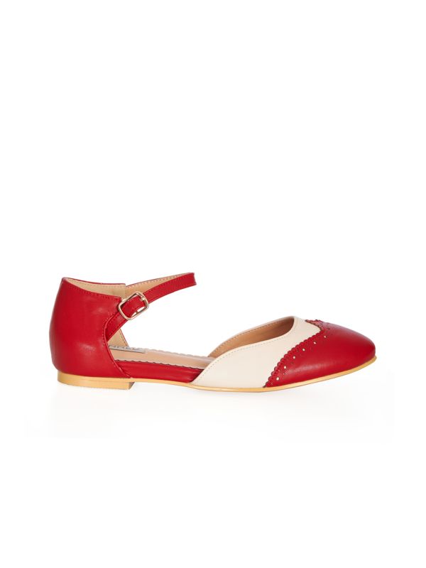BANNED Retro Dapper Dancemates Flats Retro Two-Tone Brogue Sandals With Hidden Wedge & Ankle Strap-Red