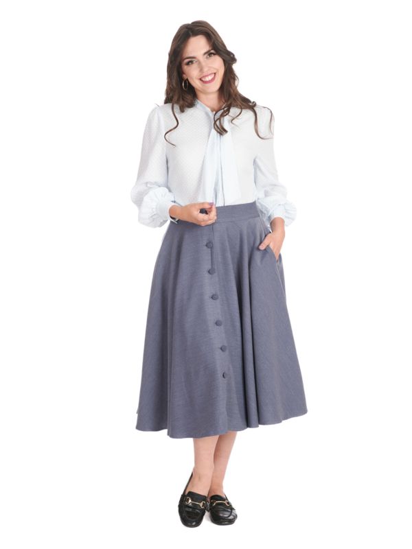 PUSSY BOW LONG SLEEVE BLOUSE IN A TEXTURED WOVEN FABRIC Blue