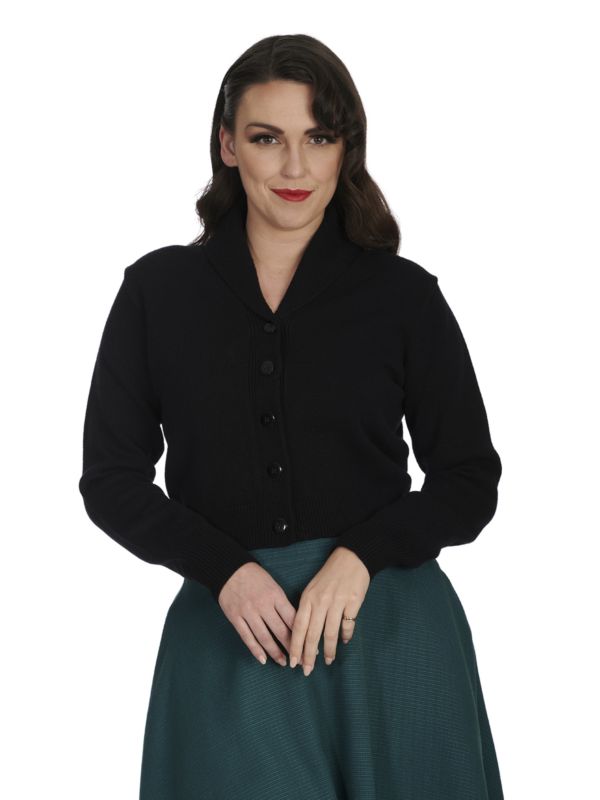 Banned Violet 40s/50s Crop Cardigan - Retro Style Shawl Collar Button-Up-Black