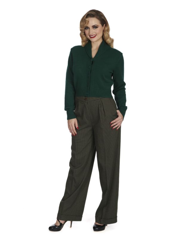 Banned Violet 40s/50s Crop Cardigan - Retro Style Shawl Collar Button-Up-Bottle Green