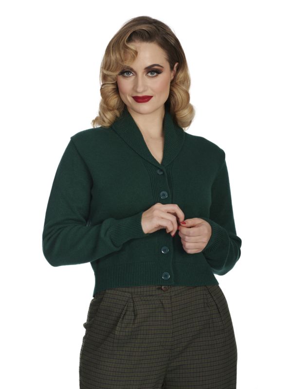 Banned Violet 40s/50s Crop Cardigan - Retro Style Shawl Collar Button-Up-Bottle Green