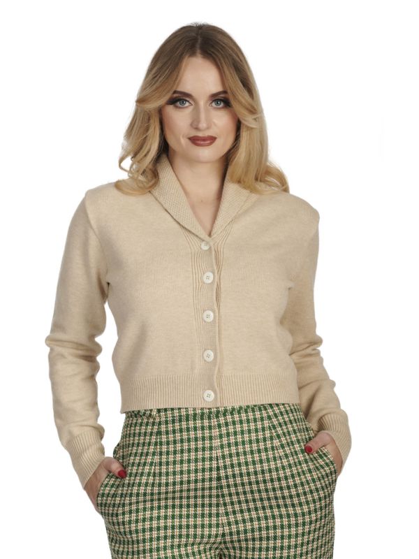 Banned Violet 40s/50s Crop Cardigan - Retro Style Shawl Collar Button-Up-Ivory
