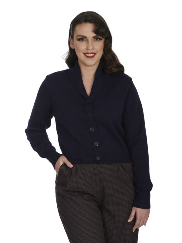 Banned Violet 40s/50s Crop Cardigan - Retro Style Shawl Collar Button-Up-Night Blue