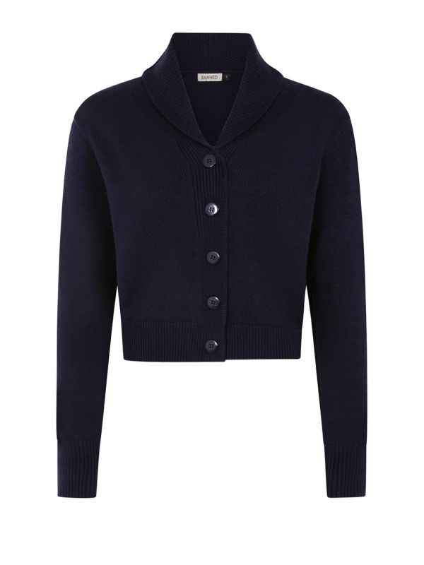 Banned Violet 40s/50s Crop Cardigan - Retro Style Shawl Collar Button-Up-Night Blue