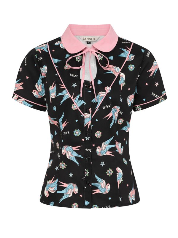 MARILOU SWALLOWS CONTRAST COLLAR BLOUSE Black