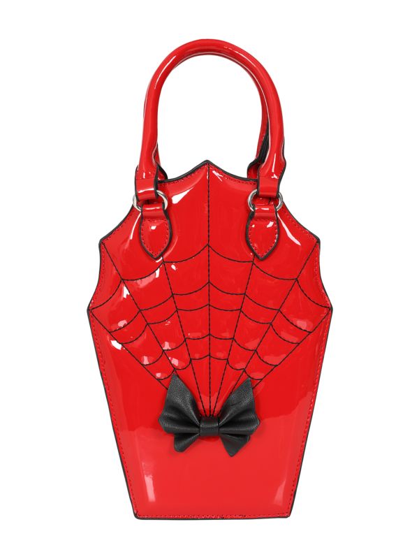 BANNED Ghoul Coffin Red Bag | Shimmer Quilted Gothic Handbag with Spider Web-Red-One Size