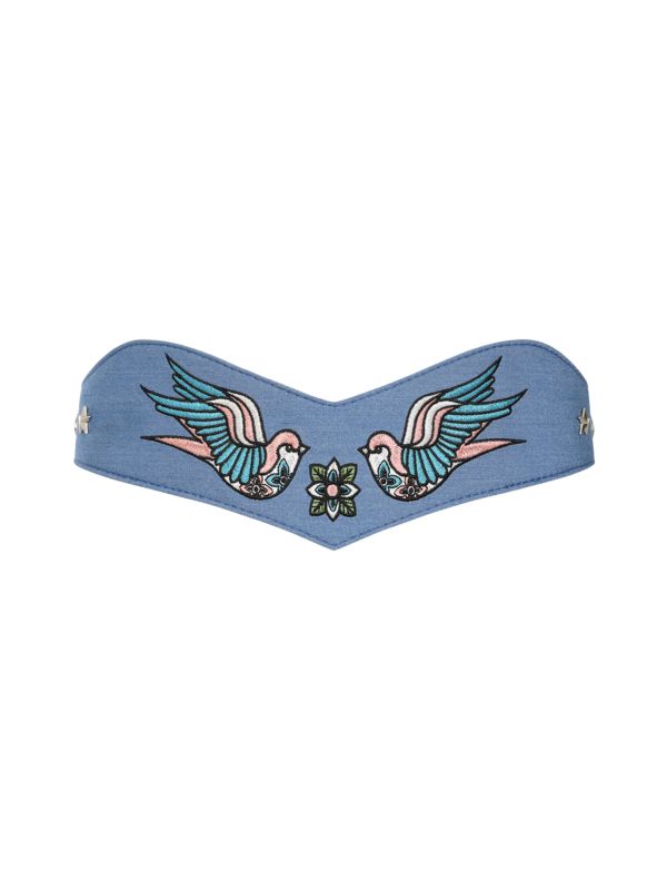 BANNED Marilou Swallow Belt   Retro Embroidered Denim Belt with Swallow Design Blue