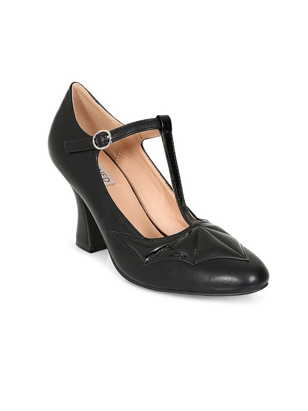 Elvira T-Strap banned Heels - 1950's Inspired Batwing Pump with Shimmering Faux Leather-Black