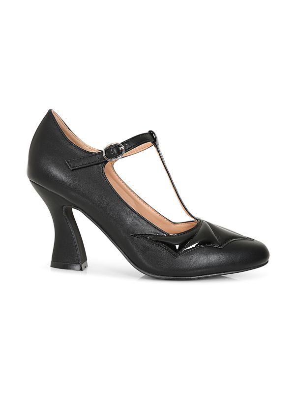 Elvira T-Strap banned Heels - 1950's Inspired Batwing Pump with Shimmering Faux Leather-Black