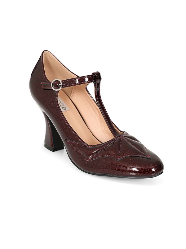 Elvira T-Strap banned Heels - 1950's Inspired Batwing Pump with Shimmering Faux Leather-Burgundy