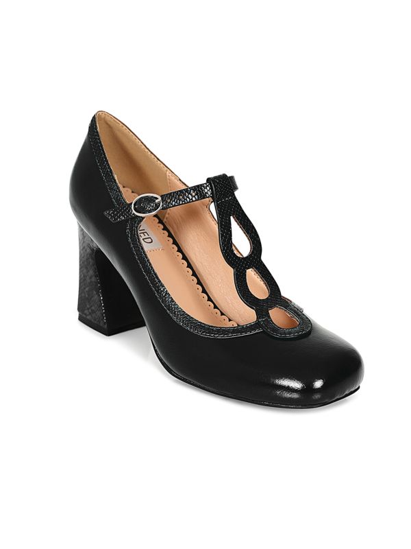 1960's Inspired T-Strap Heels with Piton & Lacquer Faux Leather-Black