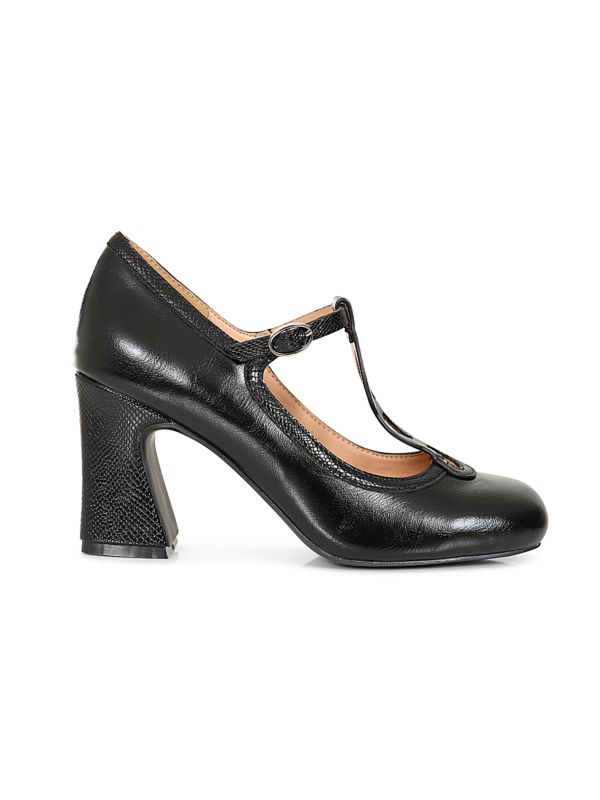 1960's Inspired T-Strap Heels with Piton & Lacquer Faux Leather-Black