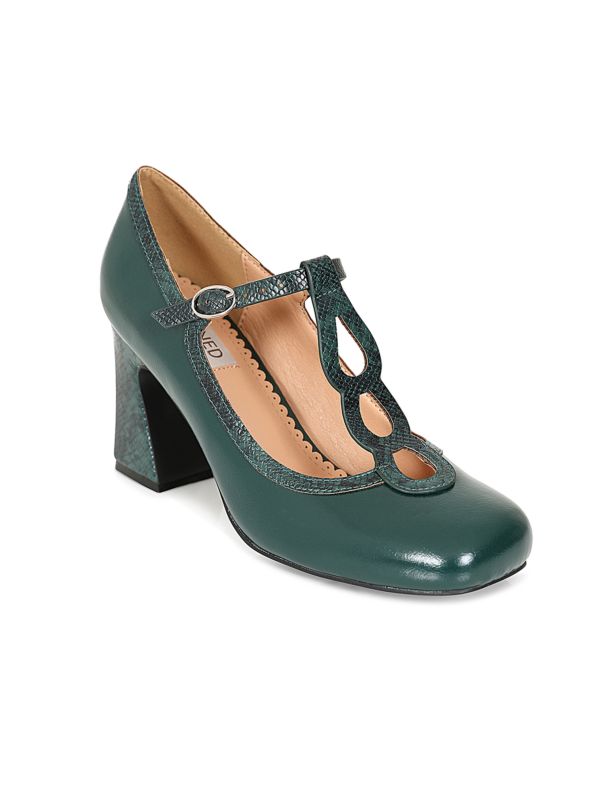 1960's Inspired T-Strap Heels with Piton & Lacquer Faux Leather-Green