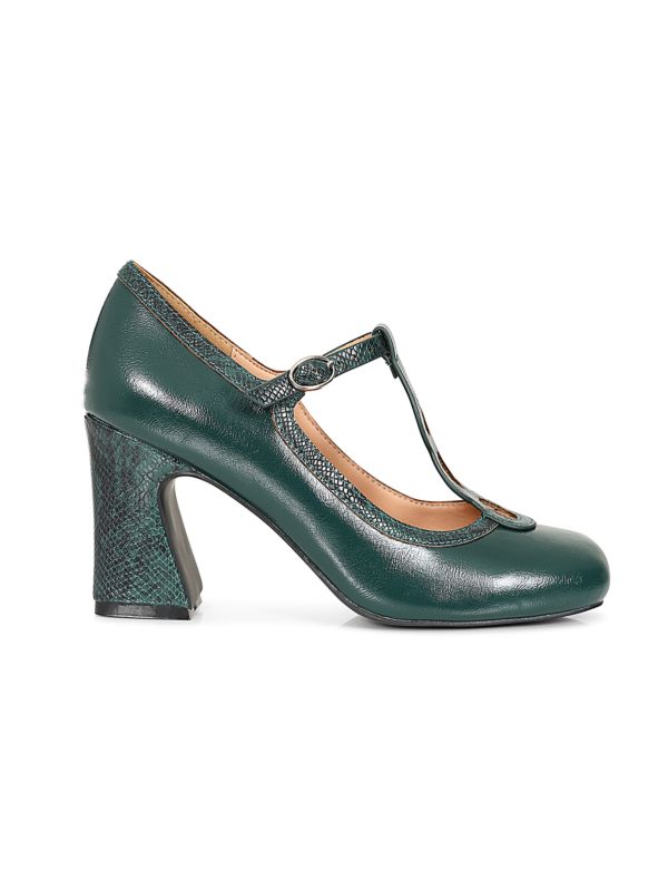 1960's Inspired T-Strap Heels with Piton & Lacquer Faux Leather-Green