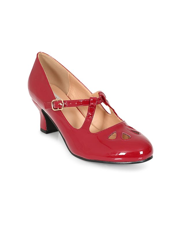Glamour in Time Banned Mary Janes - 1940's Inspired Cut-Out Mary Jane Heels with Faux Leather Upper-Burgundy