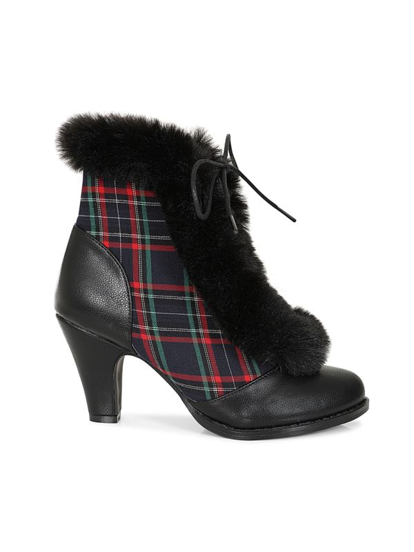 Chic Charlotte Banned Booties - Retro-Inspired Tartan & Fur Booties with Faux Leather Upper-Black