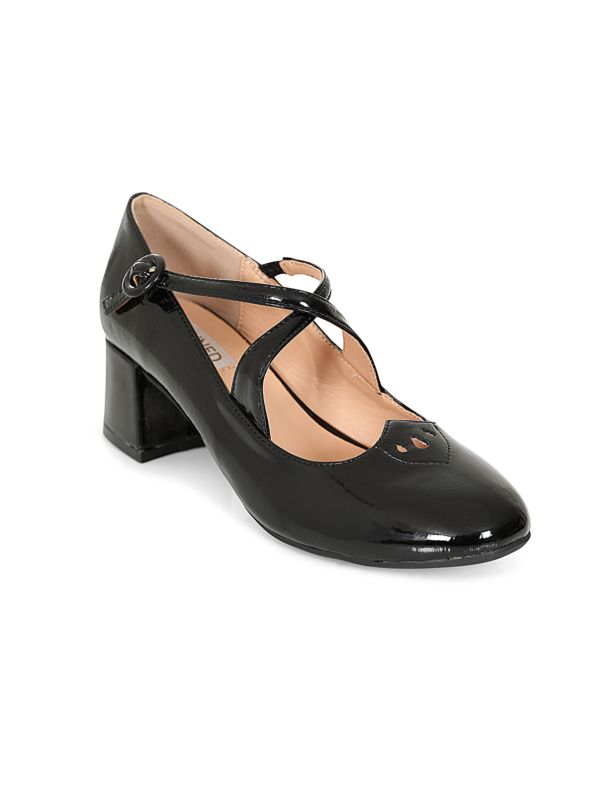 Good Day Sweetheart Banned Shoes - Classic Crossed Straps Block Heel Pumps with Patent Upper-Black