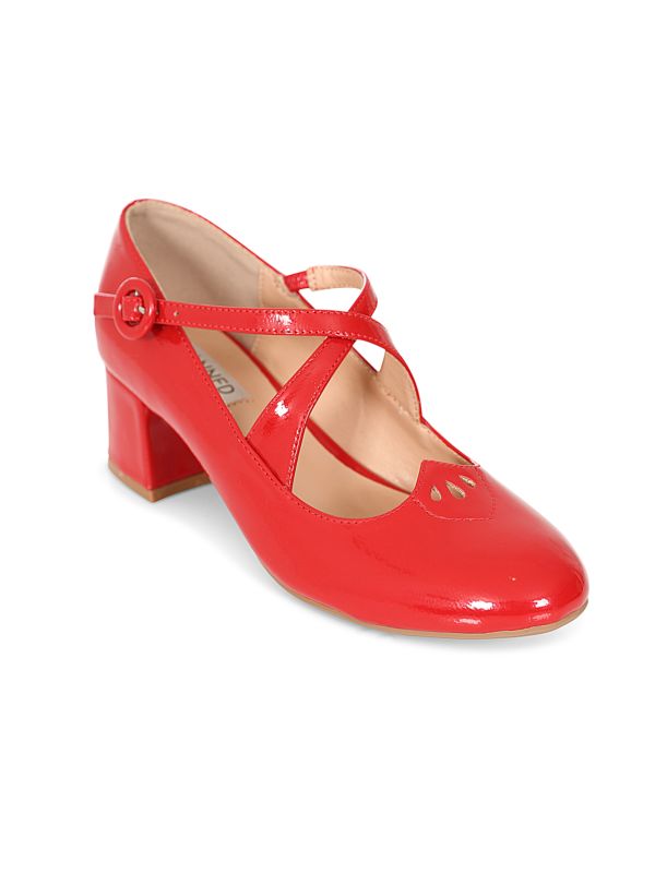Good Day Sweetheart Banned Shoes - Classic Crossed Straps Block Heel Pumps with Patent Upper-Red