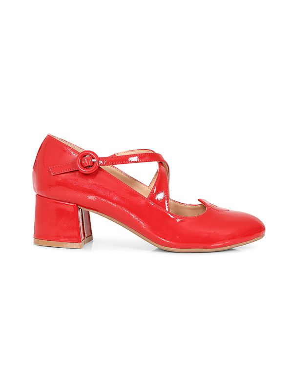 Good Day Sweetheart Banned Shoes - Classic Crossed Straps Block Heel Pumps with Patent Upper-Red