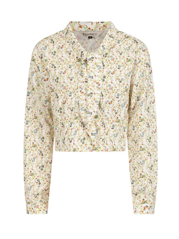 1950's Banned Retro Cherry squirrel white blouse-White