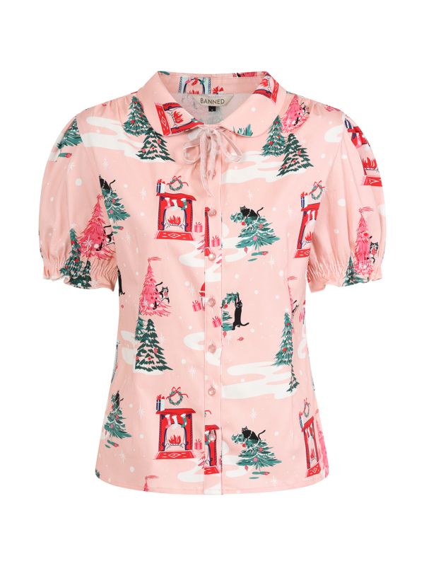 Banned Lilly Purrfect Christmas Blouse - 50s Style Cat Print Peter Pan Collar Top-Pink