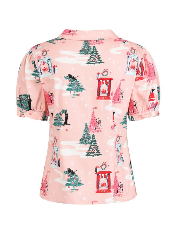 Banned Lilly Purrfect Christmas Blouse - 50s Style Cat Print Peter Pan Collar Top-Pink