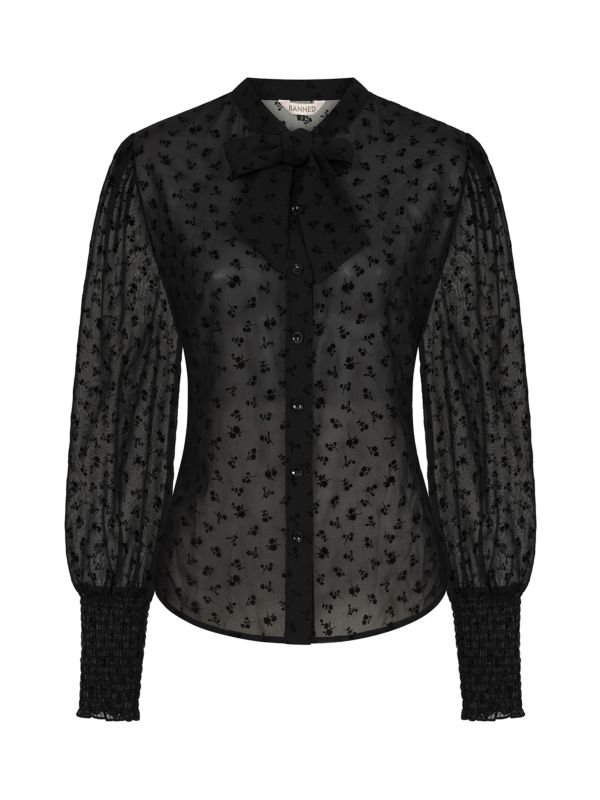 1950's Banned Retro Florence Floral night black blouse-Black