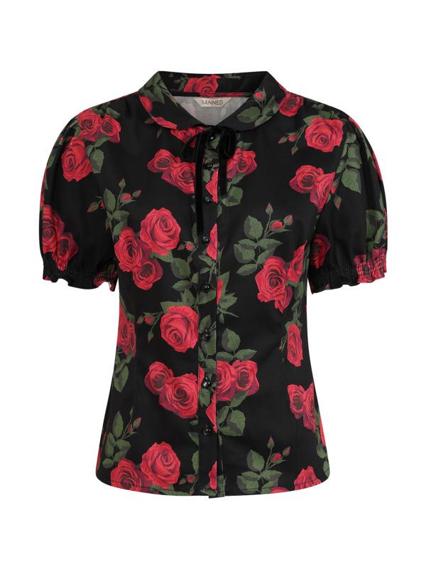 Banned Lilly Romantic Roses Blouse - 50s Style Peter Pan Collar Fitted Top-Black