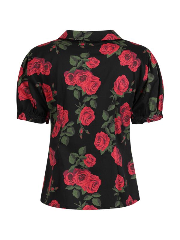 Banned Lilly Romantic Roses Blouse - 50s Style Peter Pan Collar Fitted Top-Black
