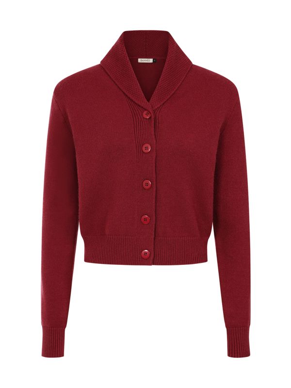 Banned Violet 40s/50s Crop Cardigan - Retro Style Shawl Collar Button-Up-Burgundy