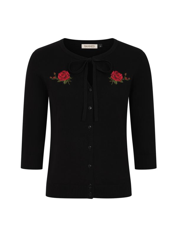 Banned Mia Rose Garden Cardigan - 50s Style Embroidered Bow Front Sweater-Black